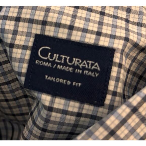 Culturata Shirt Men XXL (18.5) Blue Check Plaid Tailored Fit Dress Italy Cotton - Picture 4 of 4